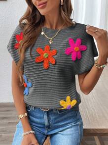 SHEIN LUNE Colorful 3D Floral Knitted Casual Summer Top For Women