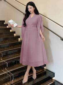 DAZY 纯色V领褶皱雪纺中长连衣裙，适合女士，生日、新年、舞会等场合，秋季长袖连衣裙，优雅女装 - 粉色 - 查看 3