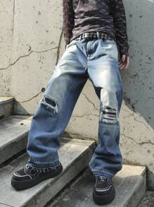 Manfinity EMRG Men's Pocket Ripped Straight Loose Casual Baggy Jeans - Light Wash - View 5