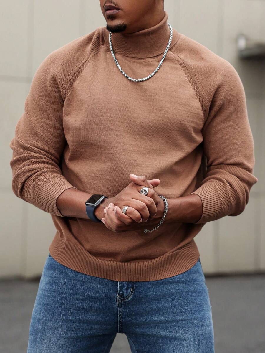 Manfinity Homme Maglione casual a collo alto, con maniche raglan, morbido e ampio, per uomo taglia extra, adatto per autunno/inverno - Castano - Visualizzare 1