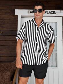 Surfspeed Men's Striped Print Front Button Short Sleeve Top And Solid Color Pocket Casual Beach Shorts Set - Black and White - View 3