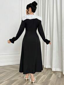 Modelyn 1 pieza Vestido elegante de mujer con patrón floral 3D, cuello empalmado, cintura larga y volante en el bajo, vestido largo de noche