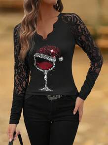 SHEIN LUNE 女士秋冬时尚纯色蕾丝拼布酒杯印花 T 恤图案 T 恤女式上衣 - 黑色 - 查看 4