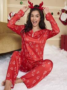 Bộ đồ ngủ in hình cây thông Noel cho nữ - Đỏ - Xem 5