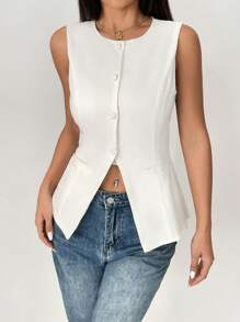 SHEIN PETITE Solid Round Neck Button Front Vest Blazer In Fall/Winter - White - View 5