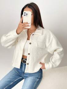 SHEIN PETITE Flap Pocket Drop Shoulder Button Front Overcoat - Apricot - View 6