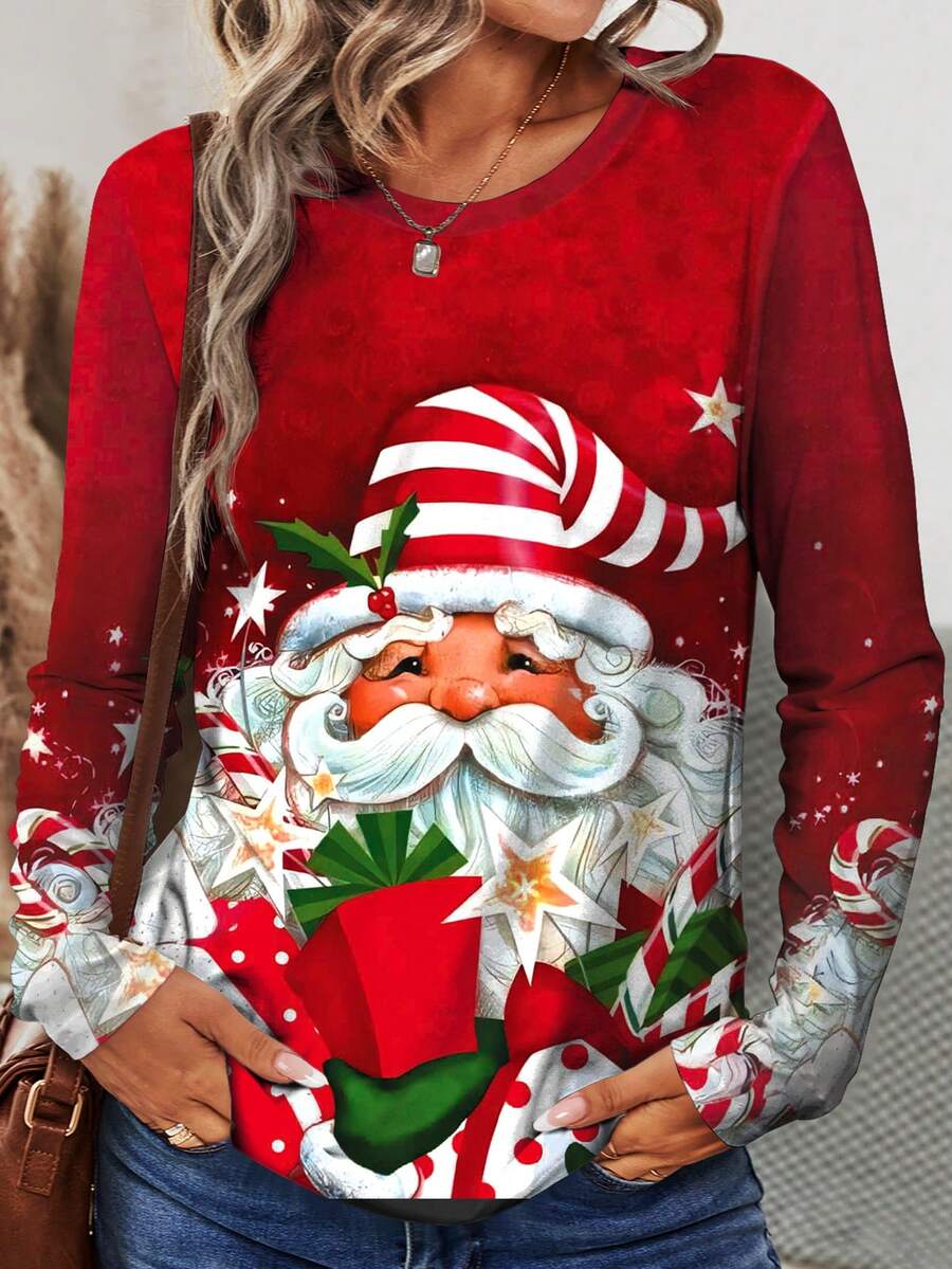 INAWLY T-shirt à manches longues pour femmes en grande taille avec imprimé cadeau et étoile de Noël du Père Noël. T-shirts graphiques pour femmes, hauts pour tenue de printemps - Multicolore - Voir 1