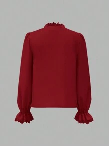 Vintamour Vintage Elegant Women's Shirt With Lace Patchwork, V-Neck Long Flare Sleeve Work Back To School Fall Blouse, Fall Teacher Winter Vintage Long Sleeve Shirt, Button Down Shirt Thanksgiving - Burgundy - View 9