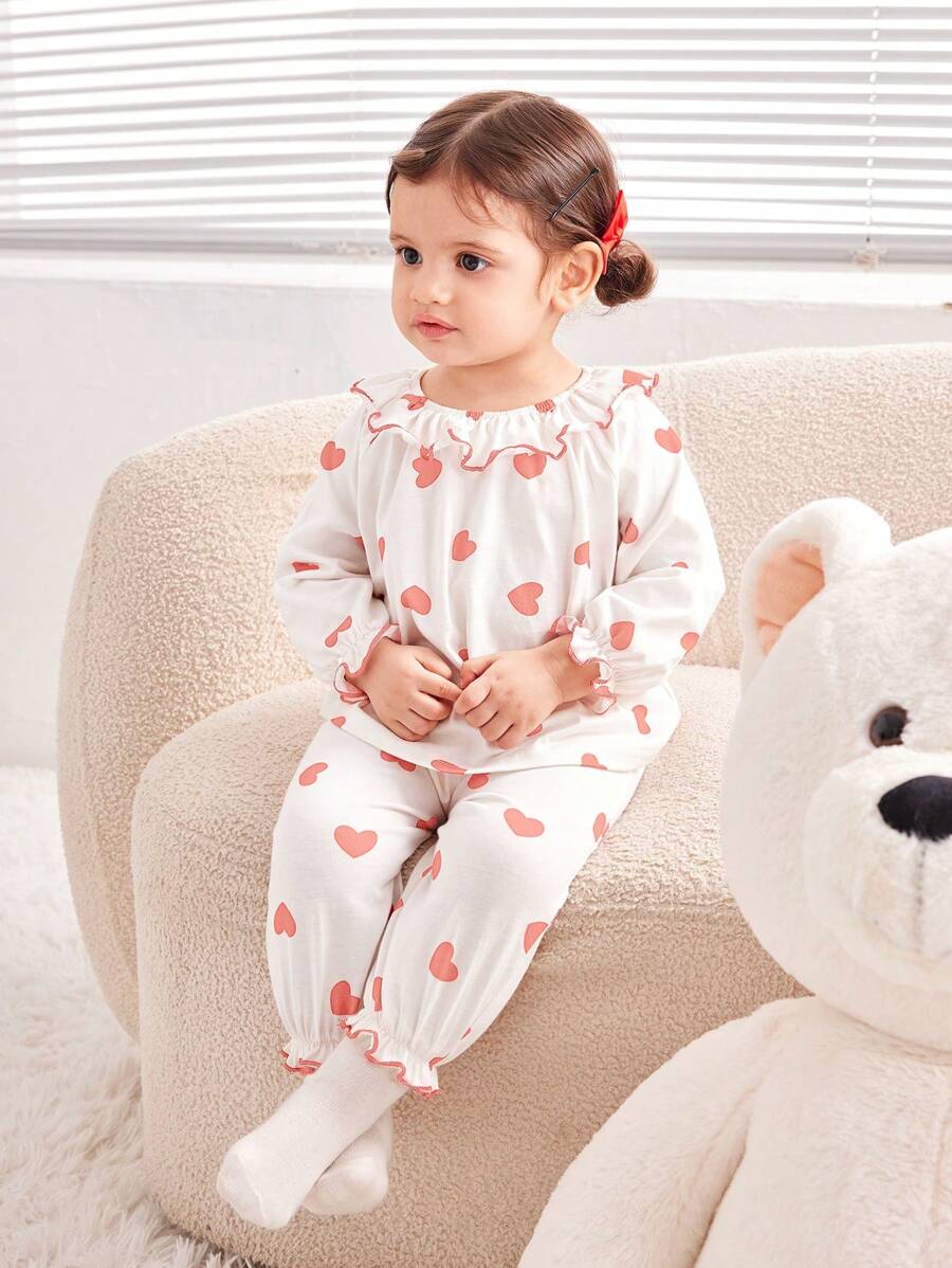 SHEIN 2pcs Baby Girls Heart Pattern Ruffle Trim Collar Long Sleeve Knit Lounge Set, Comfortable Homewear - White - View 1