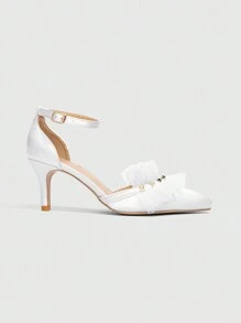 CUCCOO HITCHD Bridal Pointed Toe Low Heel White Lace Trim Gold Rivet Women Wedding High Heel Pumps - White - View 3