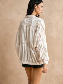 Poéselle Chaquetas plisadas beige, chaquetas bomber, chaquetas para exteriores, gabardinas, chaquetas simples de color liso con cremallera delantera y manga larga fruncida para mujeres, ropa de mujer para otoño, casual y cómoda, se puede usar como protección solar, para uso casual diario