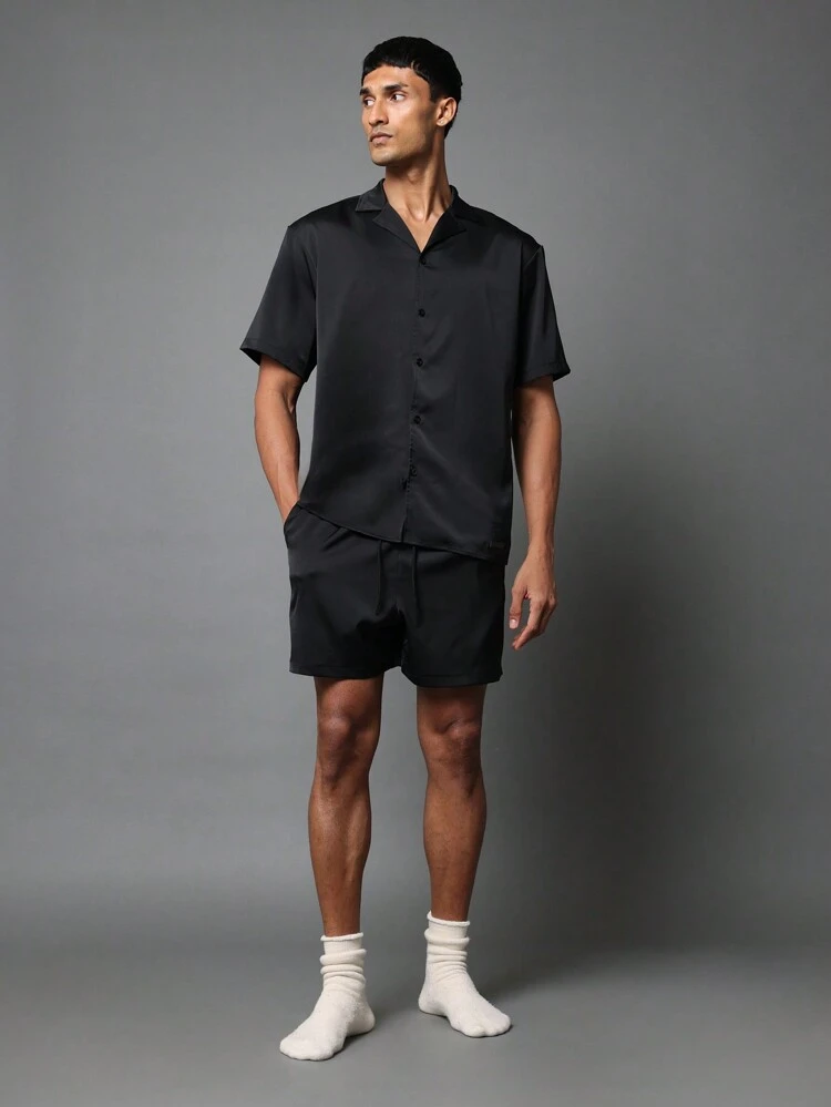 Silk Feel Button Down Shirt With Matching Shorts Set