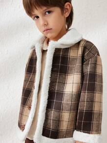 Blossori Camisa de manga larga sencilla con cierre de botones en la parte delantera y parches de peluche para niño joven - Marrón - Ver 5