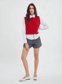 SHEIN EZwear Red Button Front Round Neck Sweater Vest - Grey - View 4