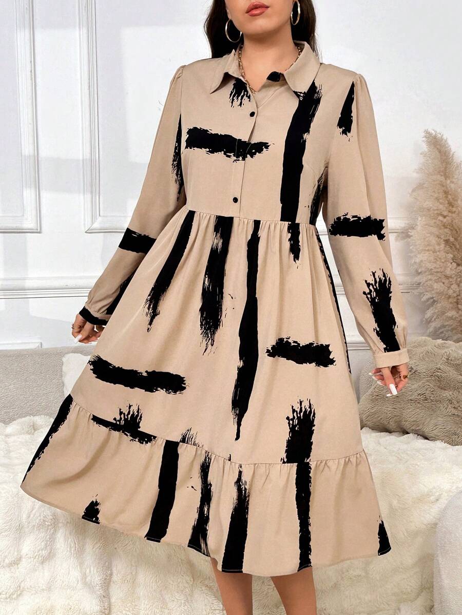 SHEIN Frenchy Plus Size Casual Geometric Print Shirt Collar A-Line Cake Dress
