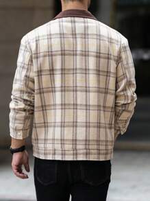 Manfinity Homme 秋季男士撞色灯芯绒领长袖格子单排扣休闲夹克 - 卡其色 - 查看 2