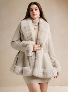Anewsta 1pc Women Plus Size Fluffy Collar Long Sleeve Solid Color Fluffy Cardigan/Jacket, For Winter - Beige - View 7