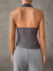 Glamine 女士灰色不对称挂脖衬衫，复古风十字交叉金属扣细节，通勤装