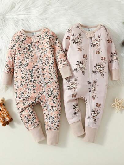 Pijama De Una Pieza Con Estampado Floral Para Bebé Niña, Cuello Redondo Y Manga Larga