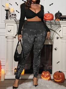 SHEIN LUNE 大码蜘蛛网印花松紧腰紧身打底裤