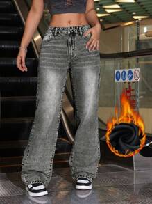 SHEIN ICON 1pc Classic Solid Color Thermal Lined Low Rise Relaxed Straight Leg JeansThermal Thickened Denim - Light Grey - View 6