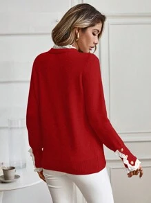 EMERY ROSE 女士休闲玫红色荷叶边装饰圆领长袖毛衣，秋冬约会装