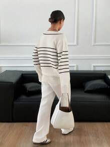 SHEIN Frenchy 女士 V 领长袖条纹简约毛衣，休闲日常穿着 - 彩色 - 查看 2
