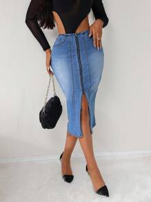SHEIN SXY Women's Zip-Up Slit Hem Long Denim A-Line Skirt - Medium Wash - View 5