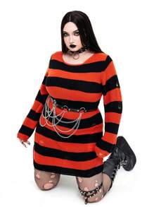 Whyspr Goth Punk Plus Size Women's Popular Dark Punk Goth Style Casual Soft Comfy Striped Ripped Punk Style Knit Sweater Dress - Orange - View 2