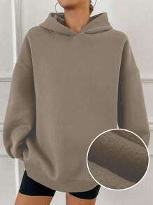 DAZY Hooded Casual Fleece Solid Color Unisex Loose Fit Sweatshirts For Women - Brown - View 1
