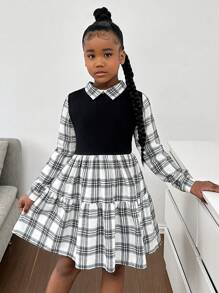 SHEIN Leap Crew Tween Girls Casual Street Style Black & White Plaid Patchwork Ruched Flared Hem Collar Long Sleeve Dress, Suitable For Autumn/Winter - Black - View 6