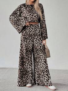 SHEIN LUNE 2 件套女士休闲豹纹短款上衣和宽松阔腿裤套装，秋季 - 咖啡棕 - 查看 4