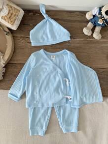 SHEIN 3 pièces Ensemble de pyjama bébé garçon mignon et simple avec pantalon et chapeau à col oblique, manches longues, doux, confortable et respectueux de la peau