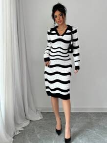 Elenzga فستان كنزة بأكمام طويلة مريح للاستخدام اليومي ذو طباعة مخطط - الأسود - مشاهدة 6