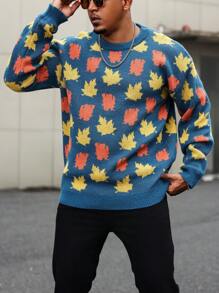 Manfinity Homme Plus Size Men's Fall Casual Loose Fit Maple Leaf Pattern Drop Shoulder Sweater