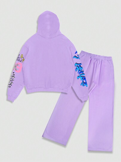 Street Life Men's Autumn Letter & Flame Print Drawstring Hoodie And Sweatpants Casual Tracksuit