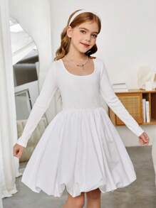 SHEIN Tween Girls Fashionable Solid White Color Ballet Style Round Neck Long Sleeve Mini Puffy Dress, Suitable For Christmas Party, School Event, Fall Winter Dress - White - View 8