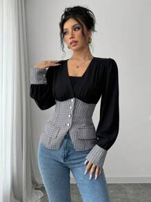 Elenzga Camicia elegante stile pendolare autunnale con vita a quadri - nero - Visualizzare 1