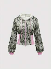 ROMWE Street Life Y2K Streetwear Branch 图案拼色高腰抽绳连帽运动衫 女式运动衫 - 彩色 - 查看 1