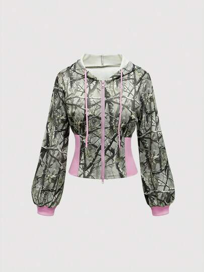 Street Life Sudadera con capucha de cintura alta con cordón, colorblocking y gráfico de rama, estilo streetwear Y2K para mujer