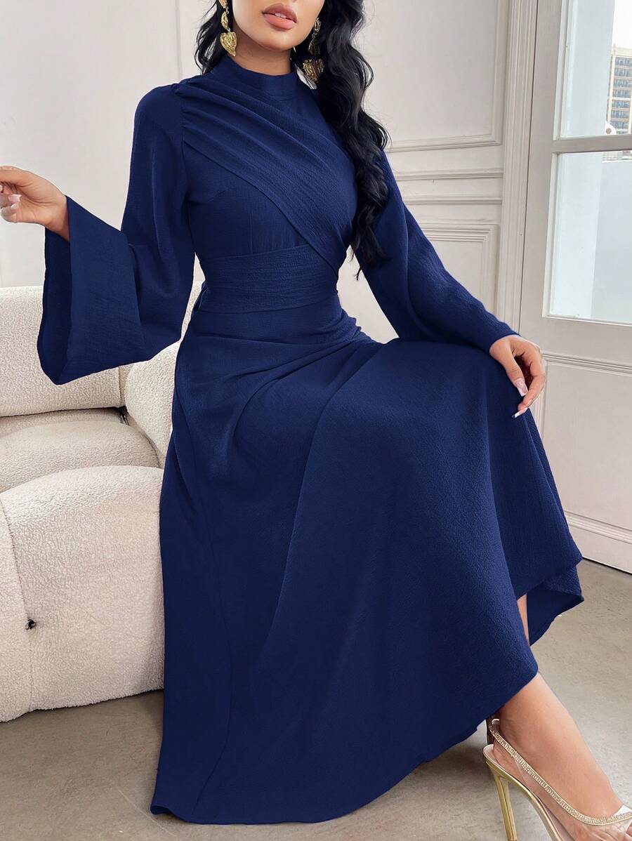 Modelyn 女士纯色立领长袖褶皱长款休闲连衣裙长款晚礼服 - 藍色 - 查看 1