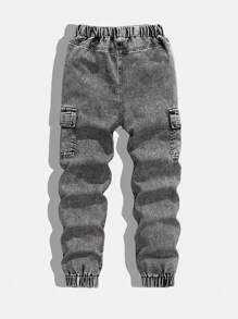 SHEIN Explorewe 青少年男童复古休闲宽松牛仔工装裤，抽绳腰带，多口袋设计，适合学校、校园、学院风秋冬穿着 - 灰色 - 查看 3