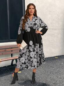 EMERY ROSE Robe à manches longues à imprimé floral col V pour femme grande taille, élégante pour femme - Noir - Voir 4