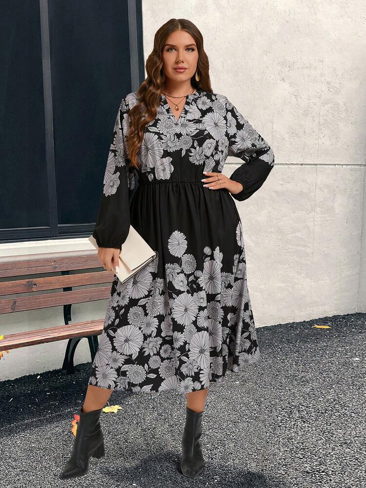 Plus Size Winter Women's Long Sleeve Floral Print V-Neck Dress, Elegant For Women