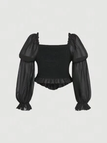 SHEIN MOD 大码复古女式心形领口衬衫，带荷叶边袖子 - 黑色 - 查看 2