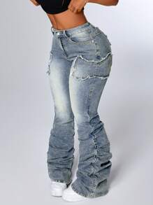 SHEIN ICON Women's Patchwork Fringe Ruffle Flare Fashionable Casual Versatile Stacked Jeans - Blue - View 3