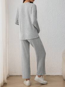 SHEIN Maternity Casual 2pcs Set - V-Neck Long Sleeve T-Shirt & Elastic Waist Straight-Leg Pants, Nursing Outfit