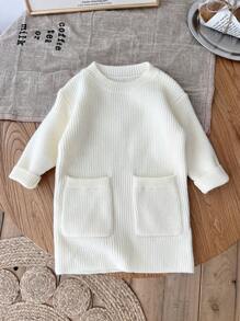 SHEIN LMoss Kids LMoss Baby Girl Cute Minimalist Beige Long Sleeve Sweater Dress, Autumn/Winter
