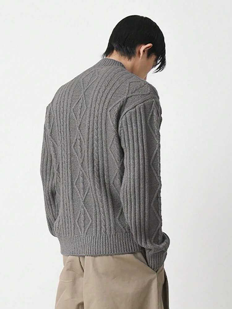 1pc Men's Grey Ribbed Crew Neck Long Sleeve Casual Sweater, Autumn