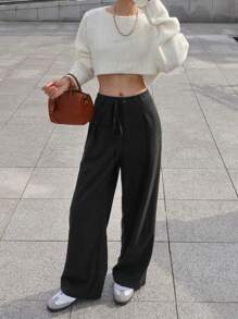 DAZY 女士纯色阔腿裤，带口袋和抽绳，商务休闲装 - 灰色 - 查看 4